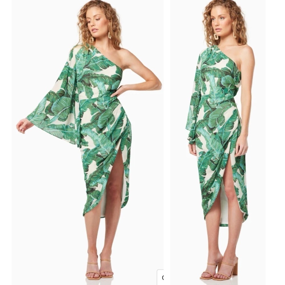 Elliatt Tory One-Shoulder Shift Asymmetrical Hi Low Palm Floral Print Midi Dress